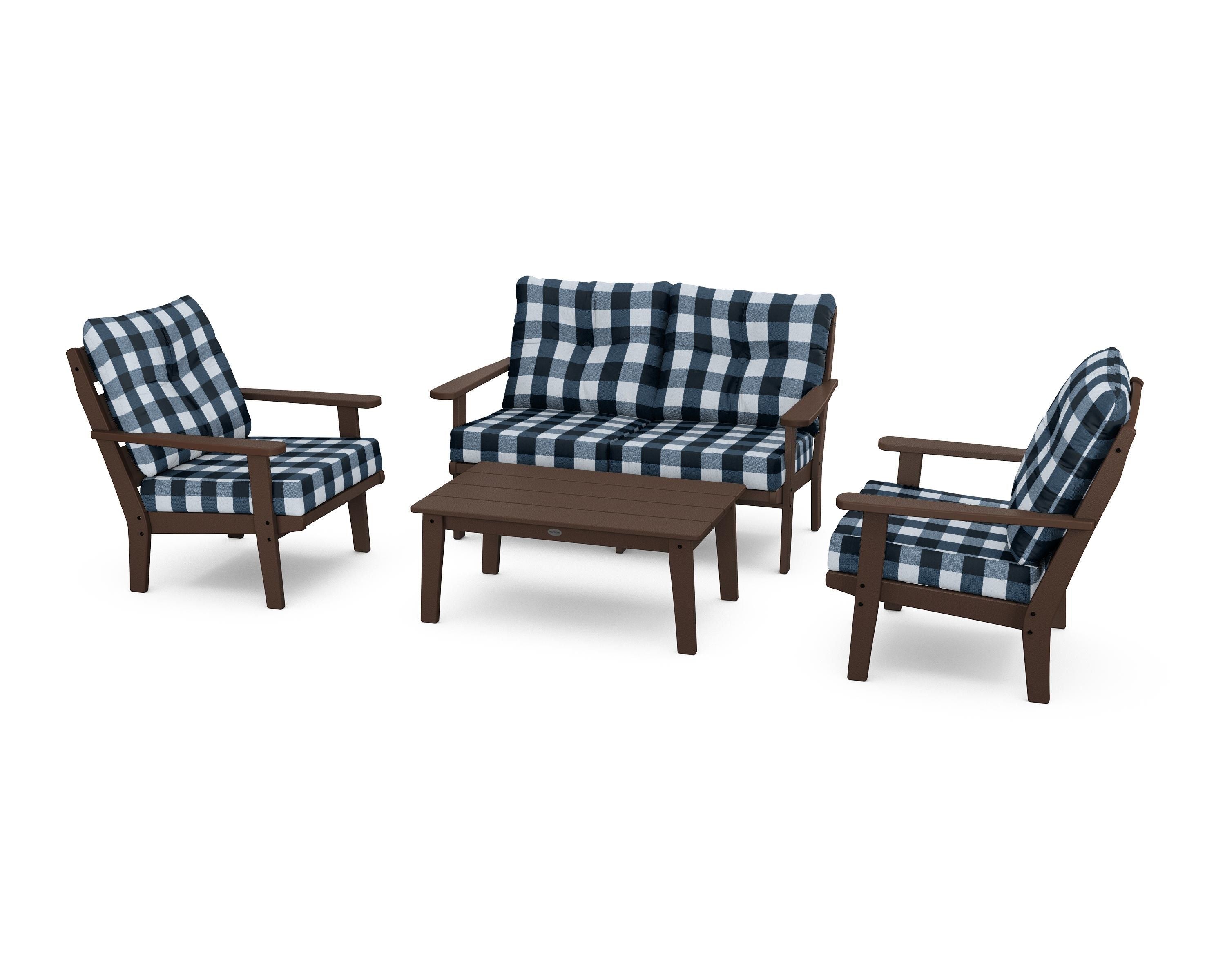 POLYWOOD® Lakeside 4-Piece Deep Seating Set in Mahogany / Buffalo Plaid Marine Indigo