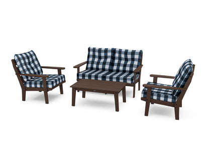 POLYWOOD® Lakeside 4-Piece Deep Seating Set in Mahogany / Buffalo Plaid Marine Indigo