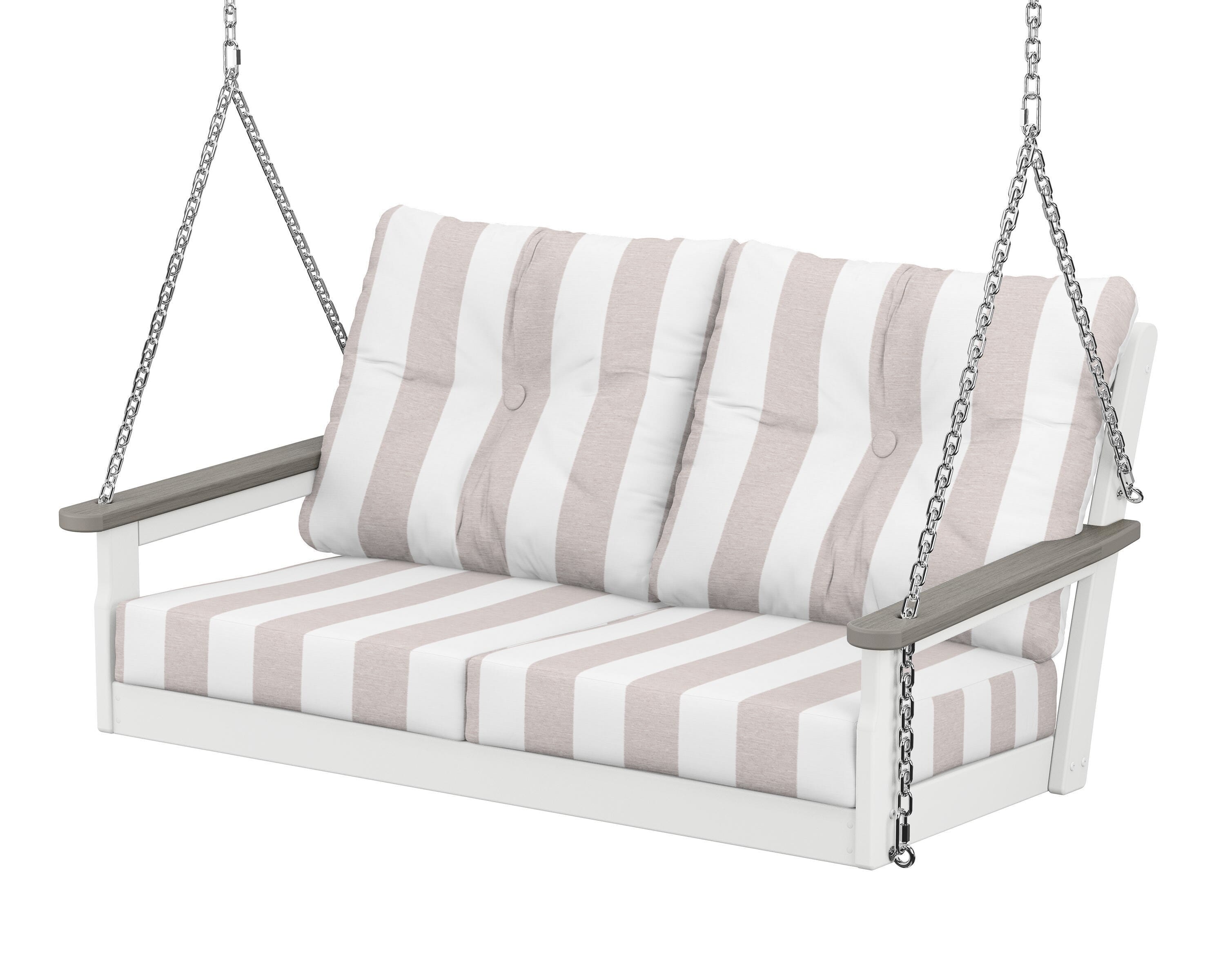 POLYWOOD® Vineyard Deep Seating Swing in White / Driftwood / Cabana Stripe Dune Burlap