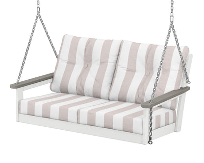 POLYWOOD® Vineyard Deep Seating Swing in White / Driftwood / Cabana Stripe Dune Burlap