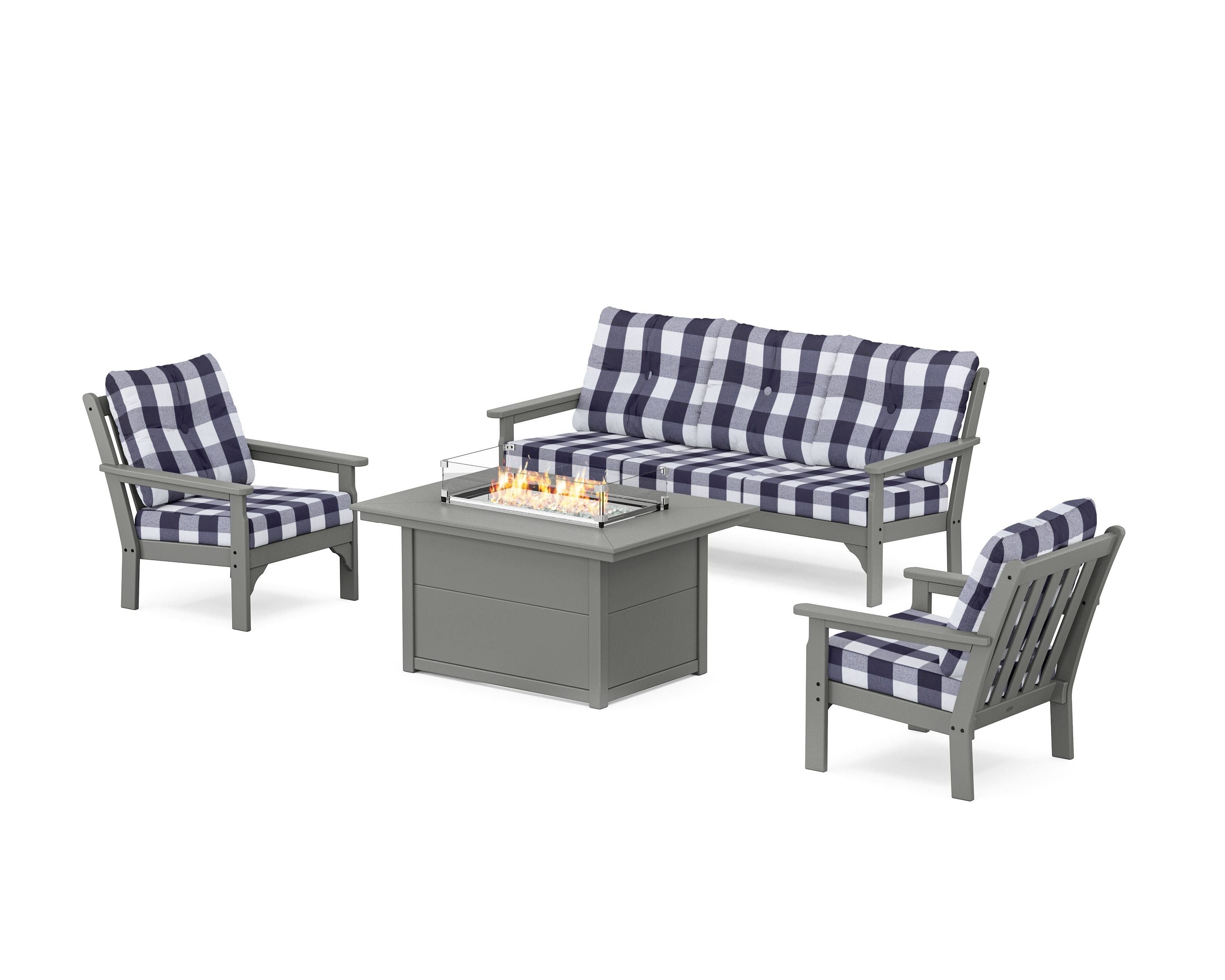 POLYWOOD® Vineyard Deep Seating Fire Pit Table Set in Slate Grey / Buffalo Plaid Navy