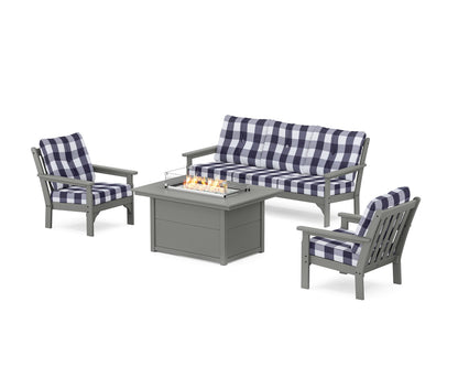POLYWOOD® Vineyard Deep Seating Fire Pit Table Set in Slate Grey / Buffalo Plaid Navy