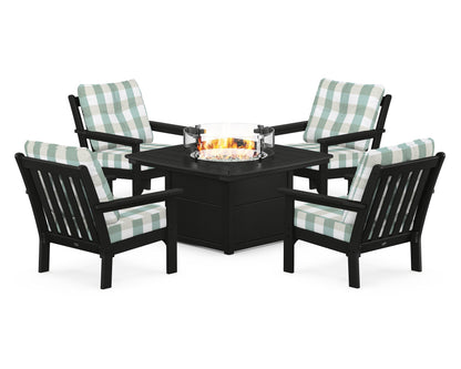 POLYWOOD® Vineyard 5-Piece Conversation Set with Fire Pit Table in Black / Buffalo Plaid Glacier Spa