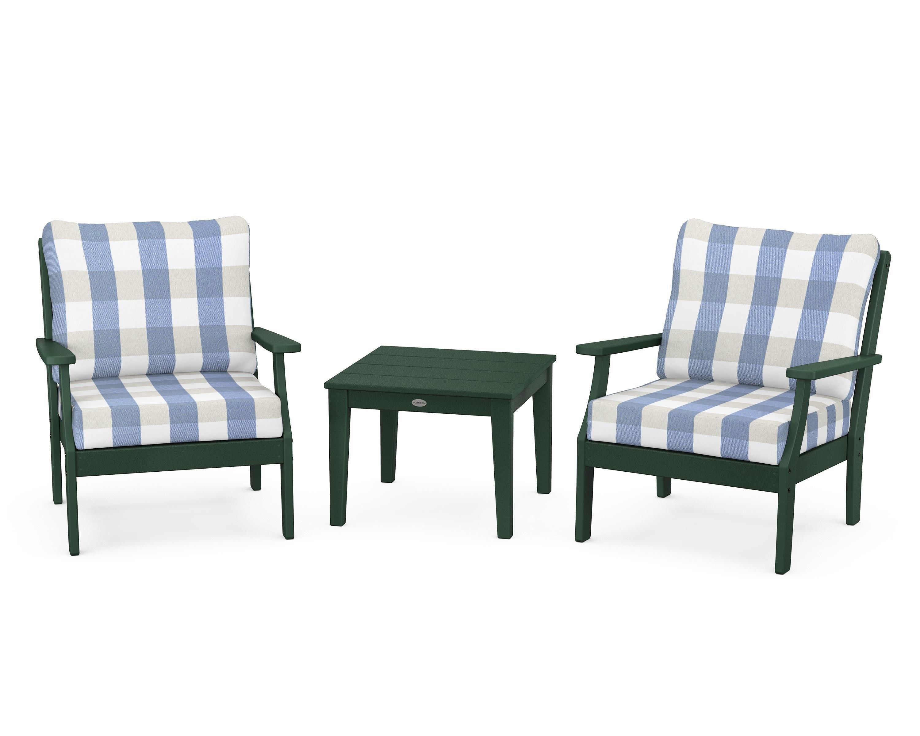 POLYWOOD® Braxton 3-Piece Deep Seating Set in Green / Buffalo Plaid Sky Blue