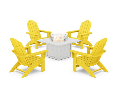 POLYWOOD® 5-Piece Vineyard Grand Adirondack Conversation Set with Fire Pit Table in Lemon / White