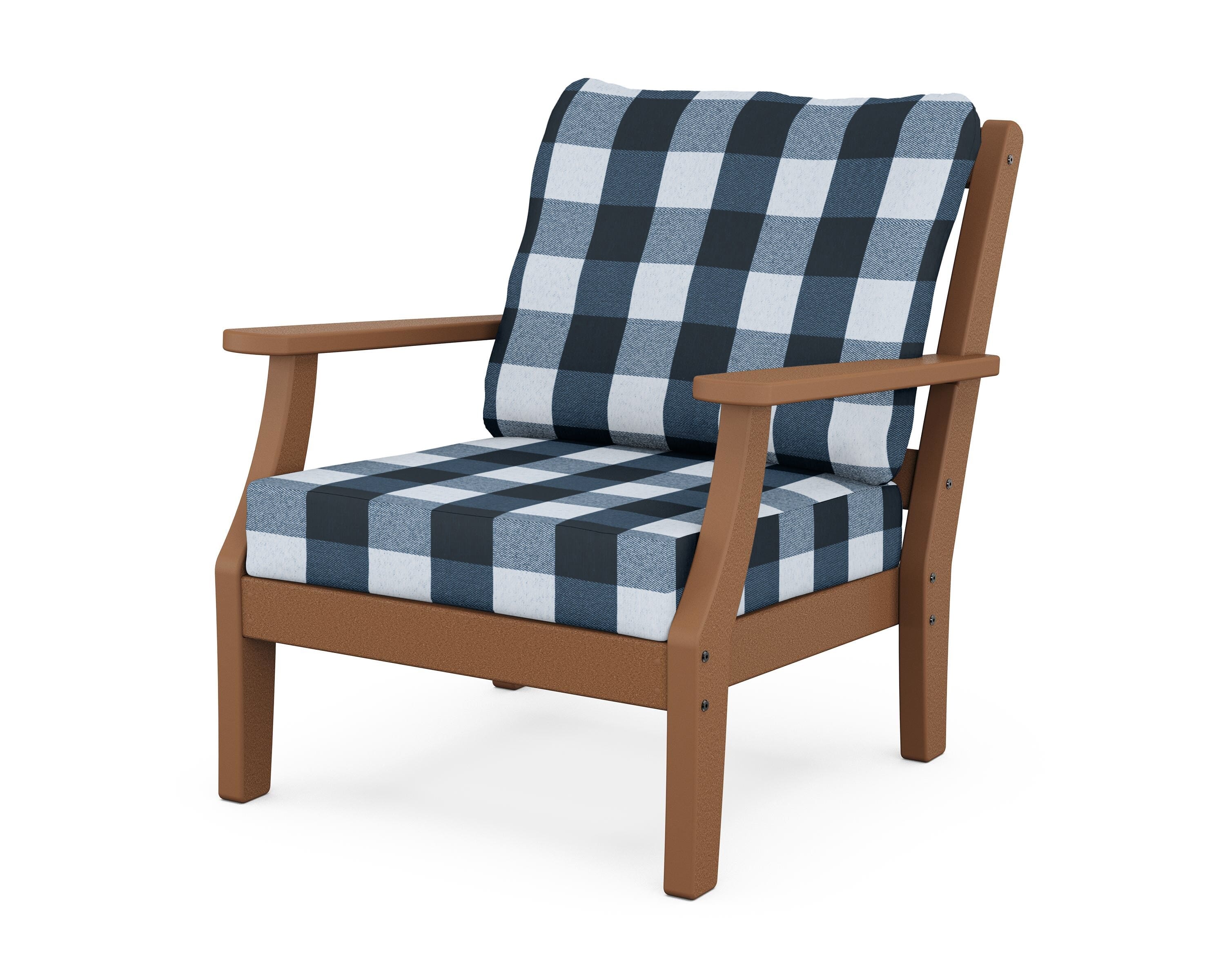 Martha Stewart by POLYWOOD® Chinoiserie Deep Seating Chair in Teak / Buffalo Plaid Marine Indigo