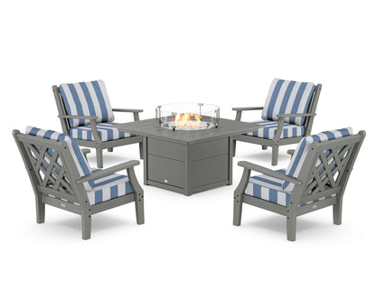 Country Living Wovendale 5-Piece Deep Seating Set with Fire Pit Table in Slate Grey / Cabana Stripe Sky Blue