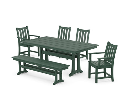 POLYWOOD® Traditional Garden 6-Piece Farmhouse Dining Set with Trestle Legs and Bench in Green