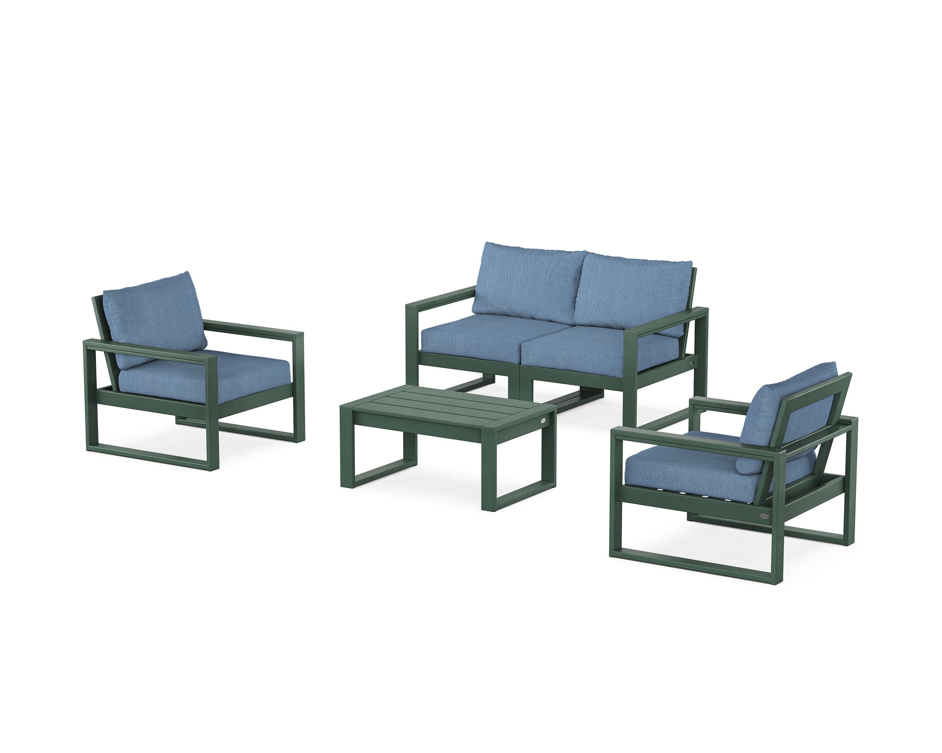POLYWOOD® EDGE Sectional 4-Piece Deep Seating Set with Loveseat in Green / Sky Blue