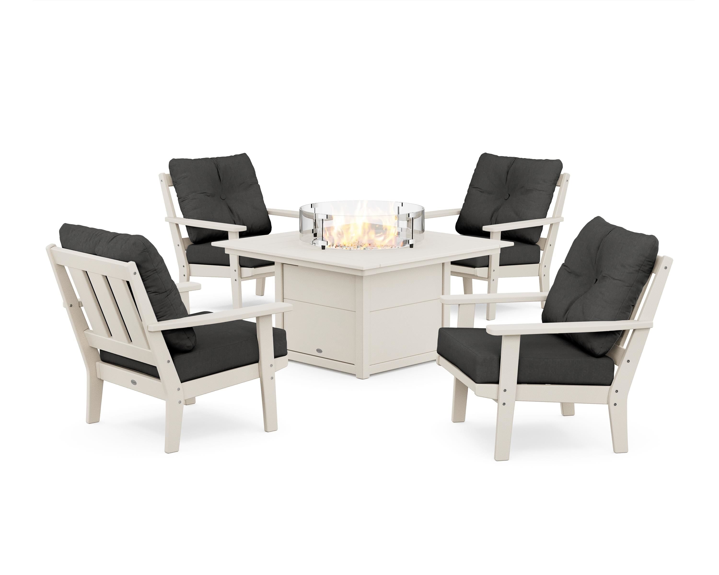 POLYWOOD® Oxford 5-Piece Deep Seating Set with Fire Pit Table in Sand / Spectrum Carbon