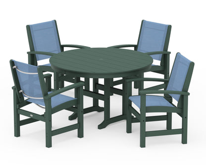 POLYWOOD® Coastal 5-Piece Round Farmhouse Dining Set in Green / Poolside Sling