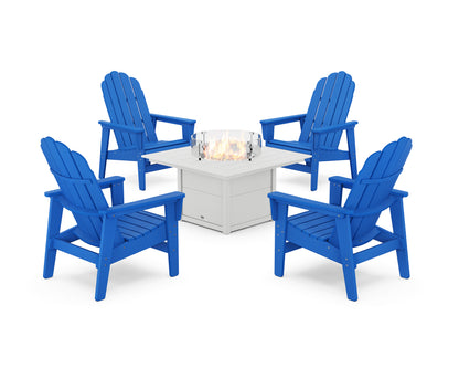 POLYWOOD® 5-Piece Vineyard Grand Upright Adirondack Conversation Set with Fire Pit Table in Pacific Blue / White