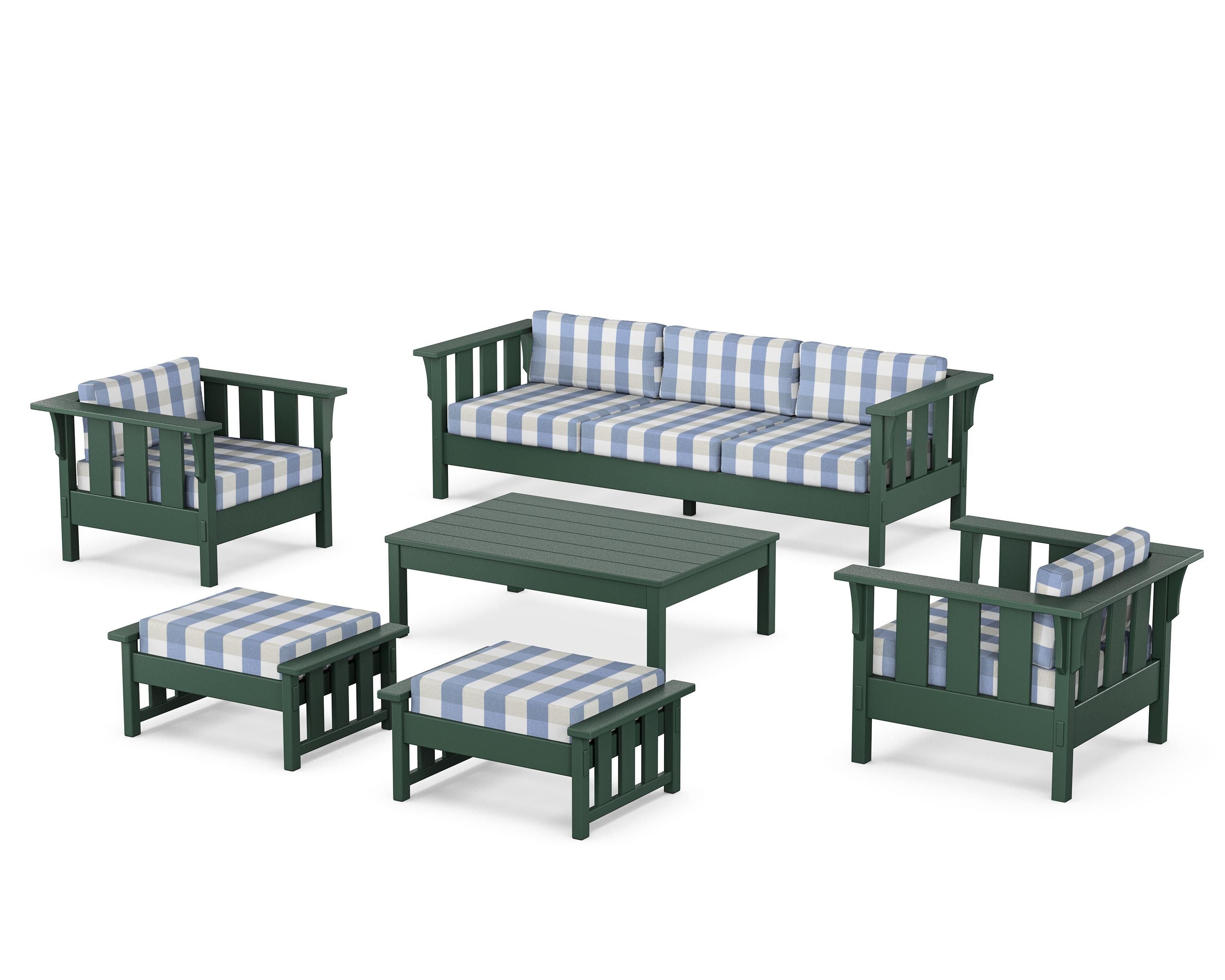 Martha Stewart by POLYWOOD® Acadia 6-Piece Lounge Sofa Set in Green / Buffalo Plaid Sky Blue