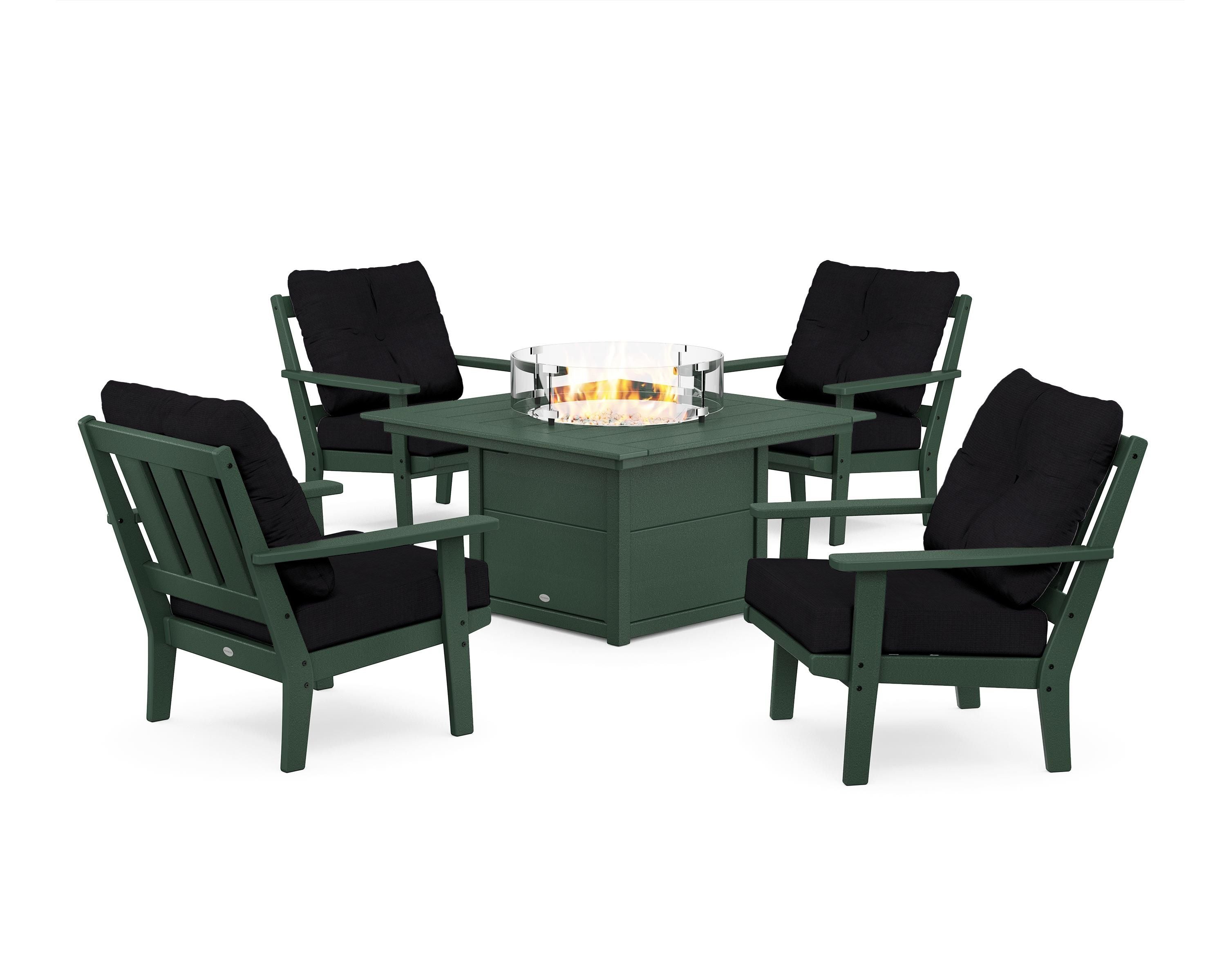 POLYWOOD® Oxford 5-Piece Deep Seating Set with Fire Pit Table in Green / Midnight Linen