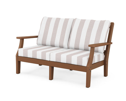 Martha Stewart by POLYWOOD® Chinoiserie Deep Seating Loveseat in Teak / Cabana Stripe Dune Burlap