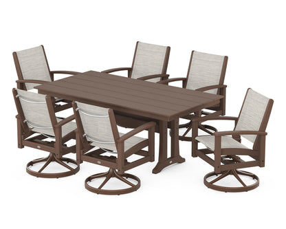 POLYWOOD® 7 Piece Coastal Swivel Rocker Dining Set in Satin Mahogany / Mahogany / Birch Sling