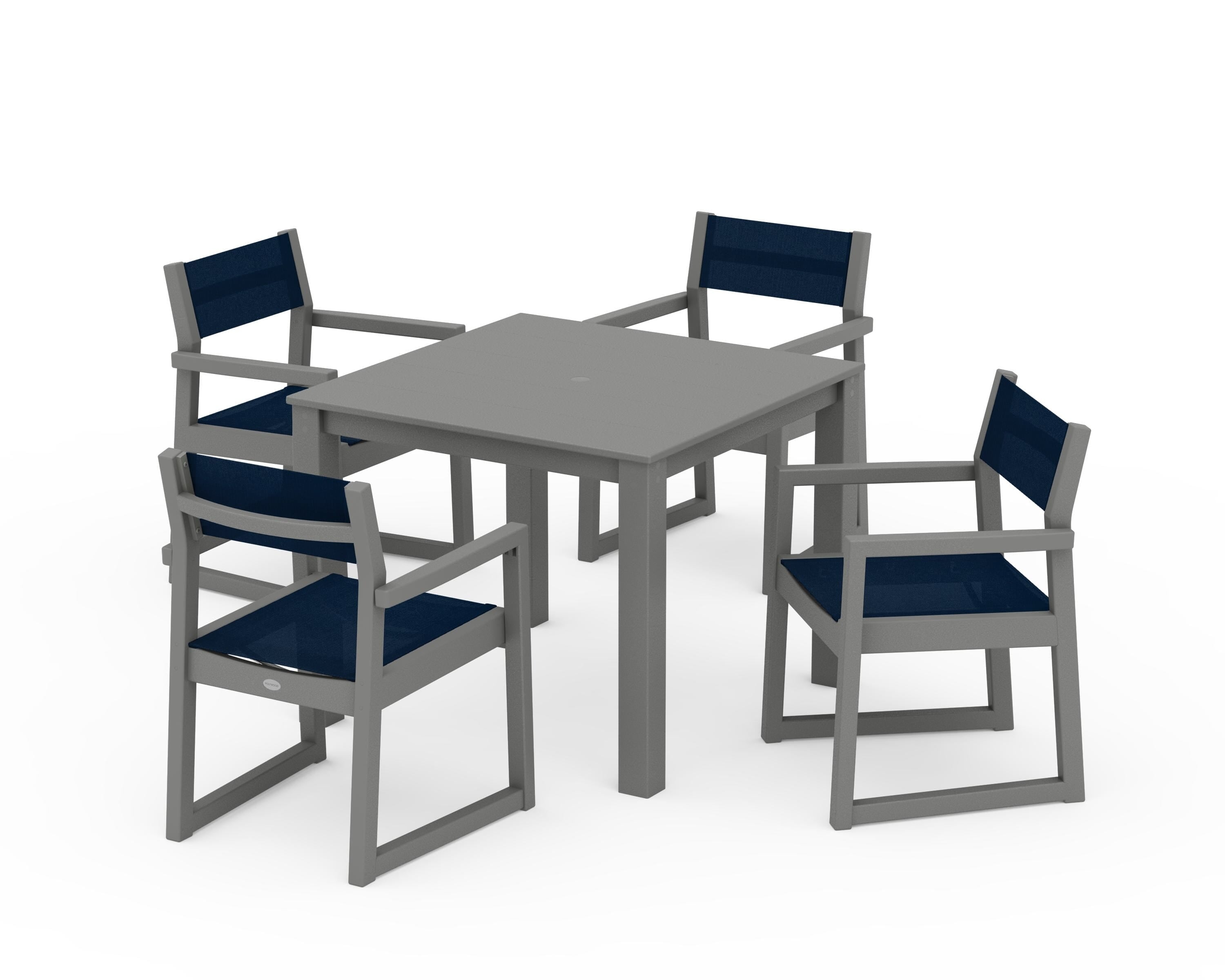 POLYWOOD® EDGE Sling Arm Chair 5-Piece Parsons Dining Set in Slate Grey / Navy Blue Sling