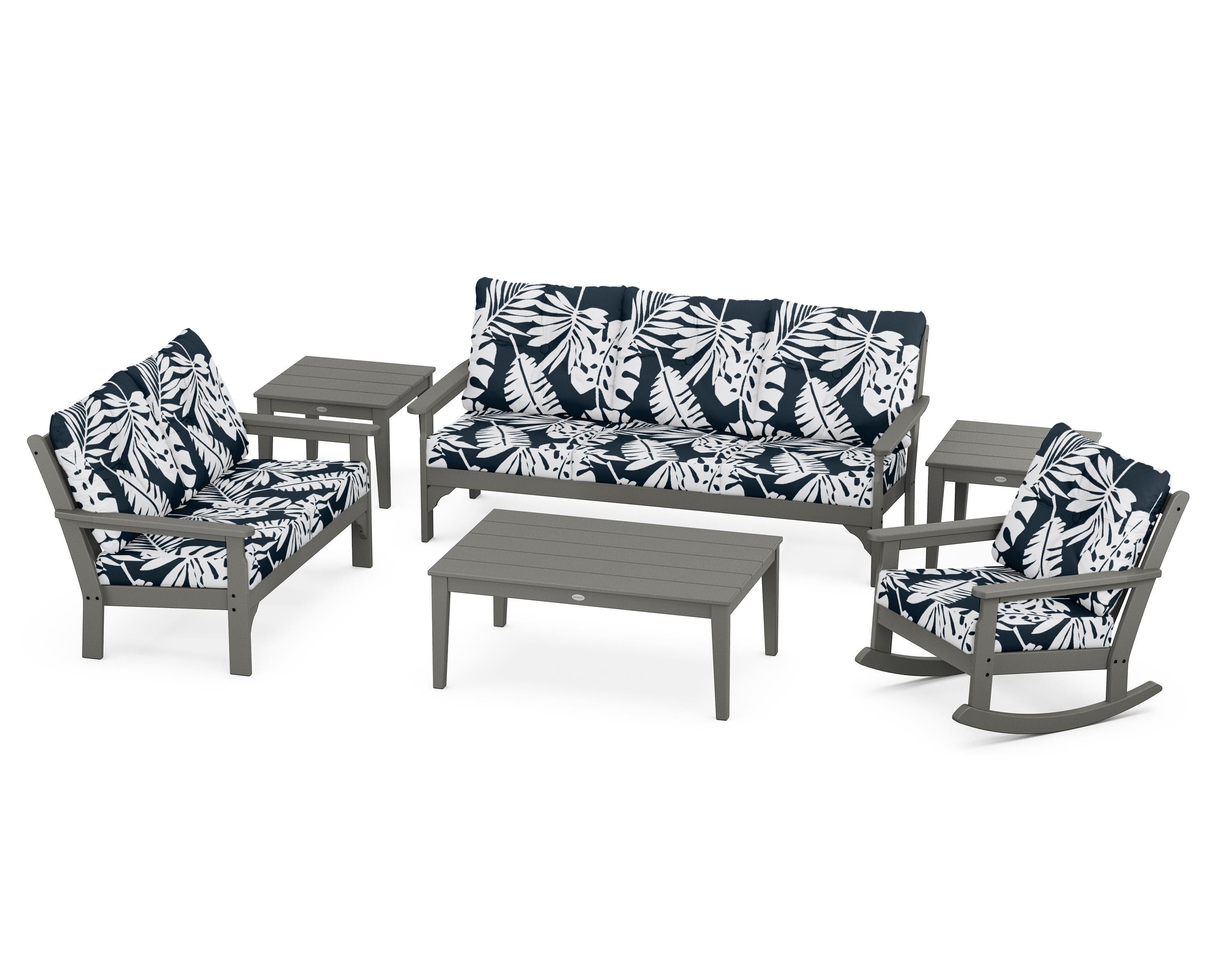 POLYWOOD® Vineyard 6-Piece Deep Seating Set in Slate Grey / Leaf Marine Indigo