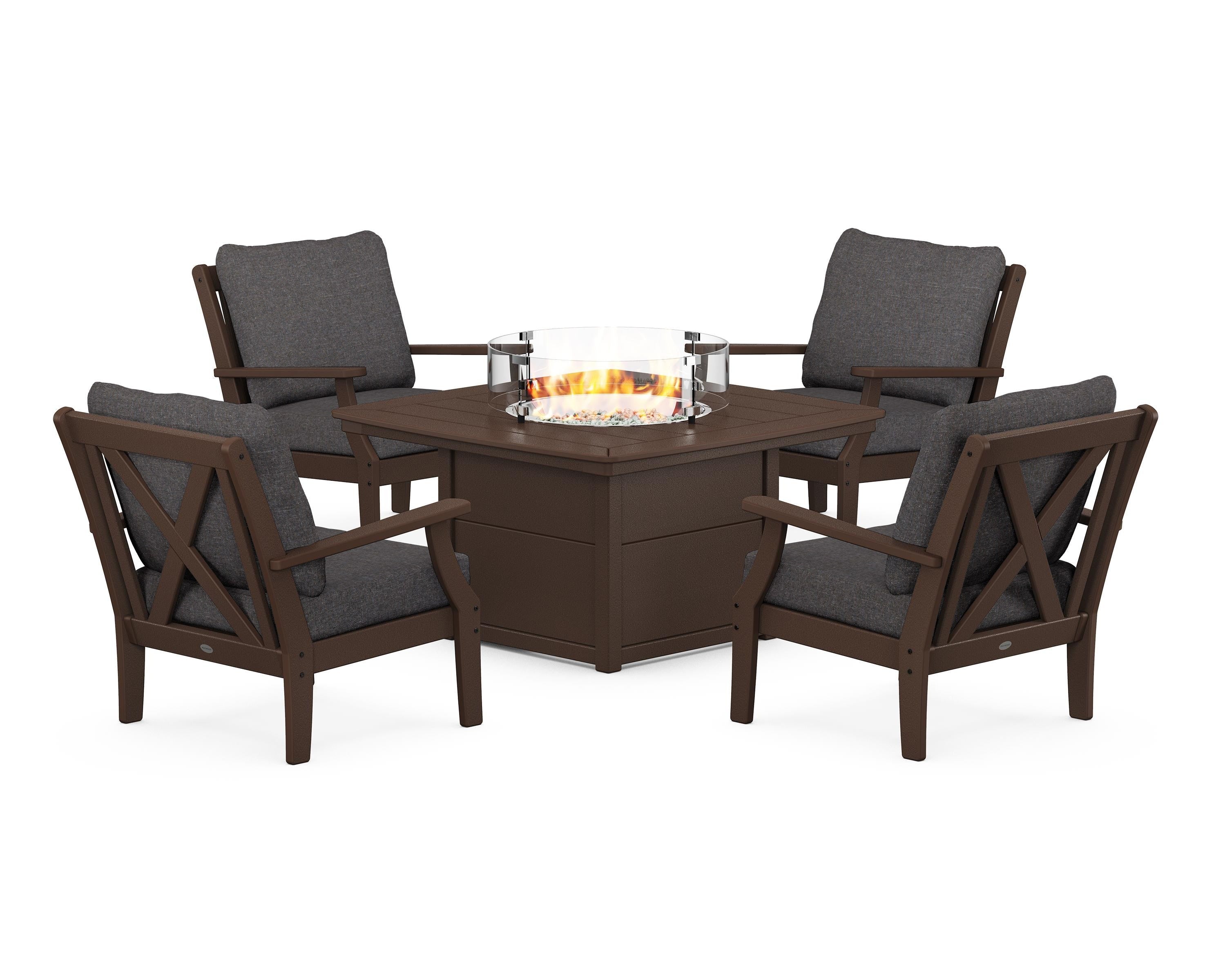 POLYWOOD® Braxton 5-Piece Deep Seating Conversation Set with Fire Pit Table in Mahogany / Ash Charcoal