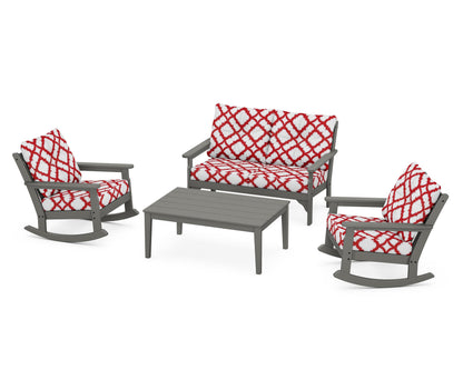 POLYWOOD® Vineyard 4-Piece Deep Seating Rocking Chair Set in Slate Grey / Trellis Crimson