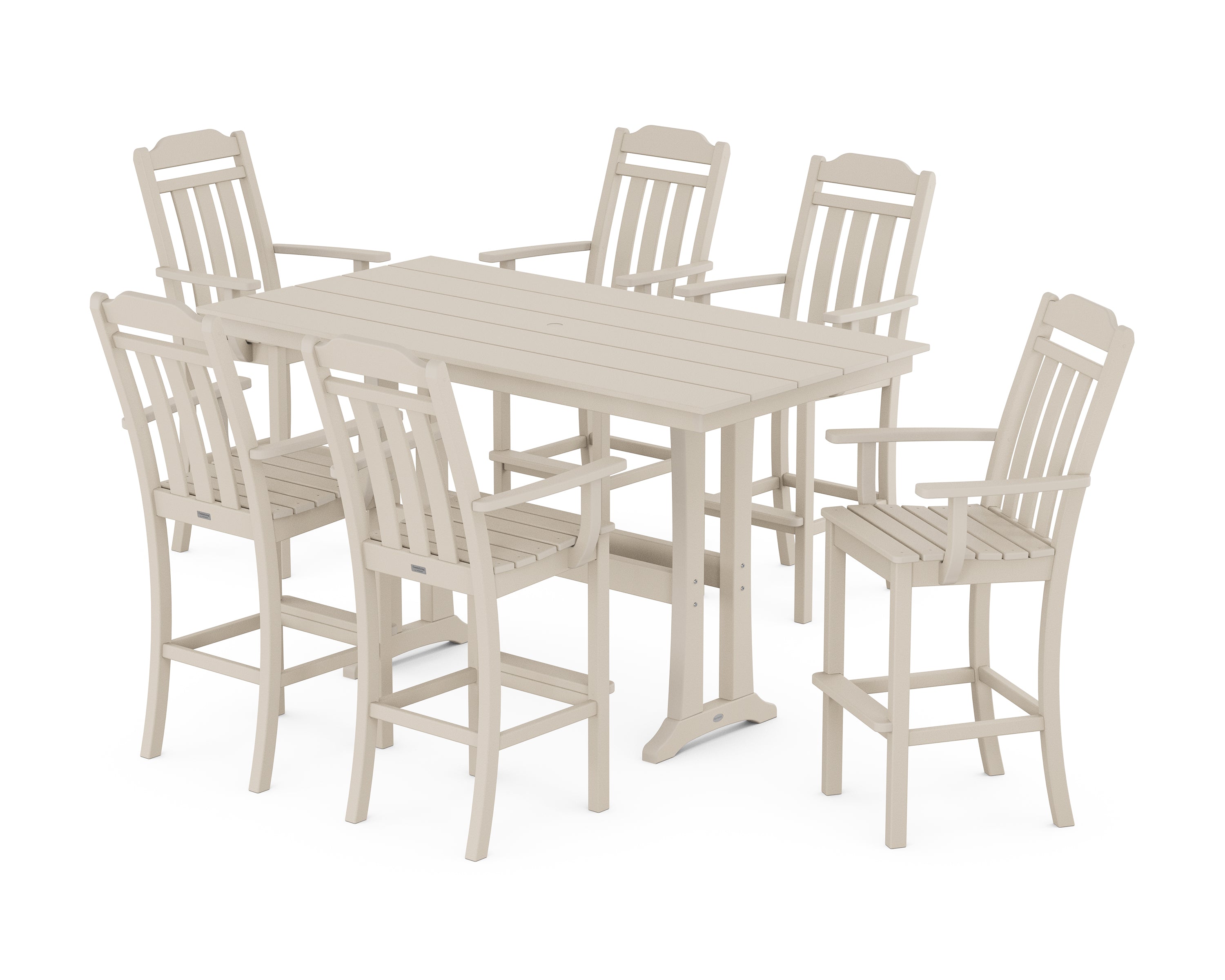 Country Living Cottage Arm Chair 7-Piece Farmhouse Bar Set with Trestle Legs in Sand