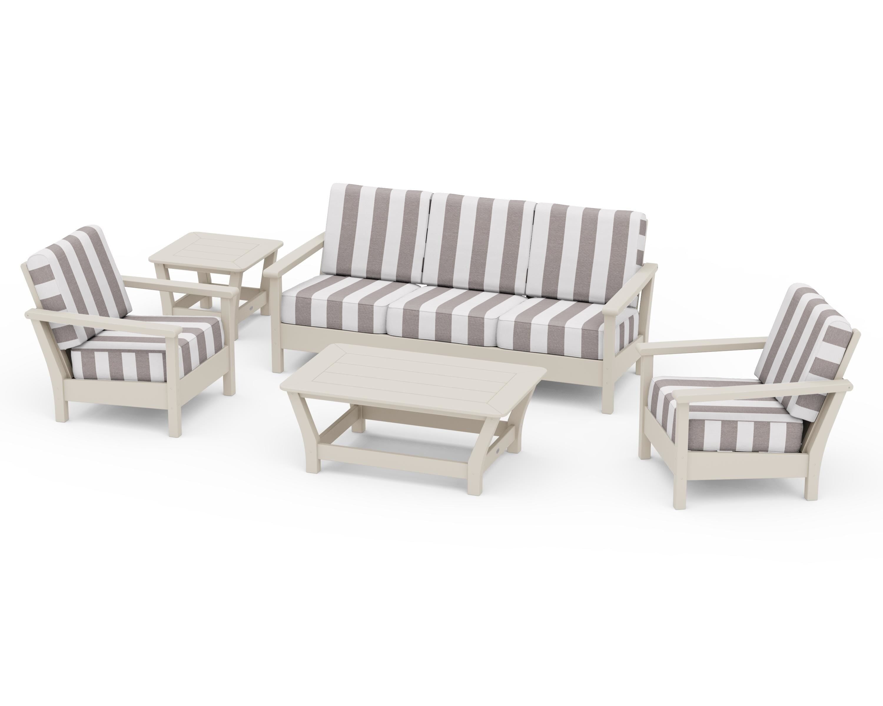 POLYWOOD® Harbour 5-Piece Deep Seating Set in Sand / Cabana Stripe Grey Mist