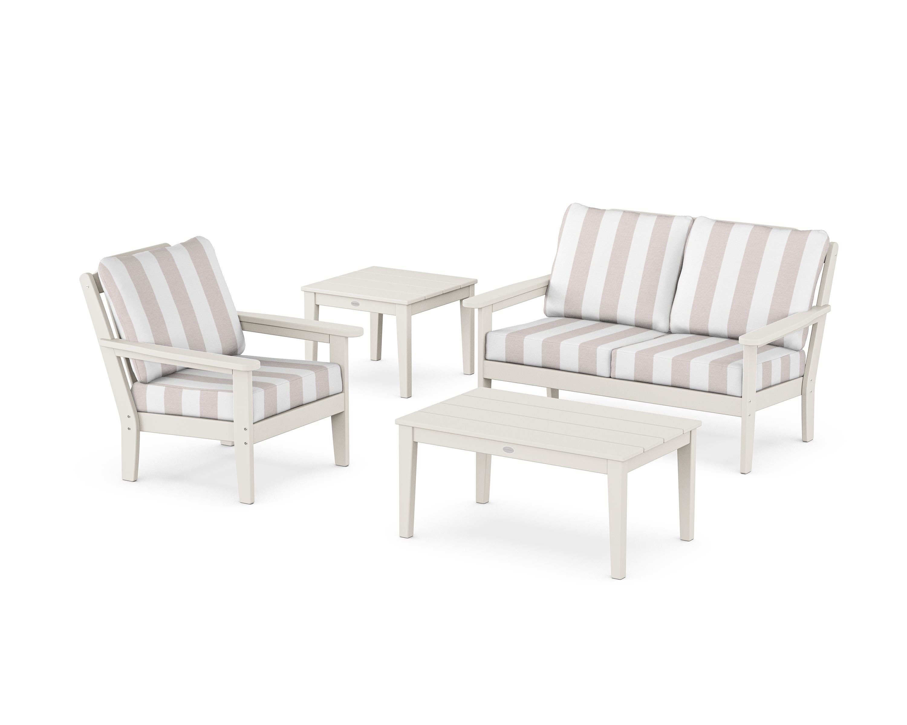 Country Living Wovendale 4-Piece Deep Seating Set in Sand / Cabana Stripe Dune Burlap
