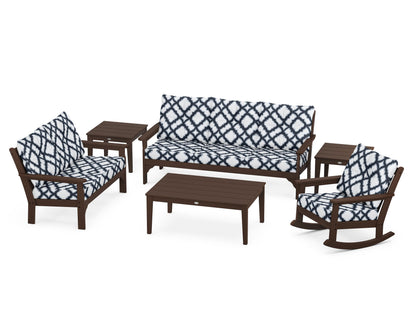 POLYWOOD® Vineyard 6-Piece Deep Seating Set in Mahogany / Trellis Marine Indigo
