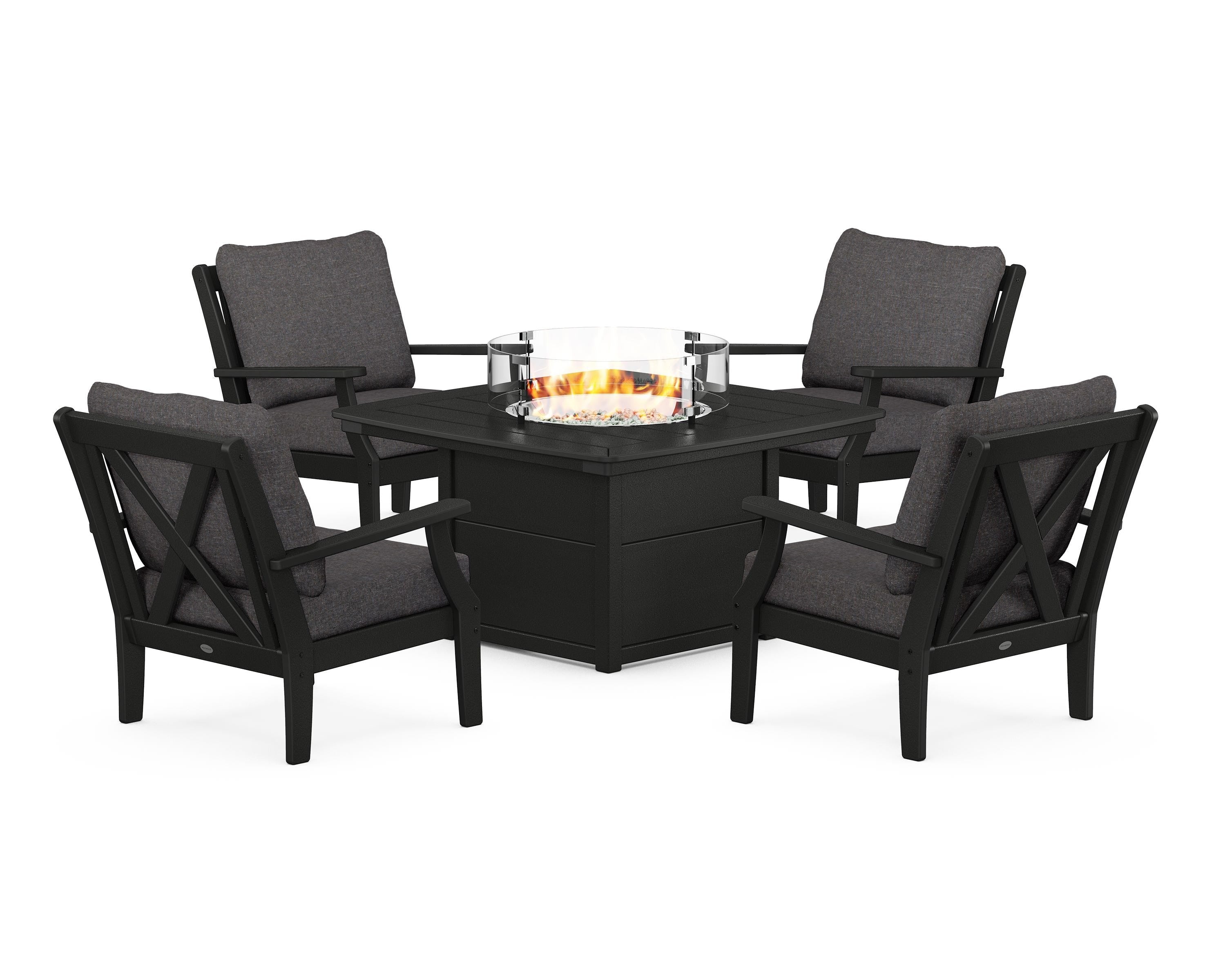 POLYWOOD® Braxton 5-Piece Deep Seating Conversation Set with Fire Pit Table in Black / Ash Charcoal