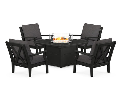 POLYWOOD® Braxton 5-Piece Deep Seating Conversation Set with Fire Pit Table in Black / Ash Charcoal