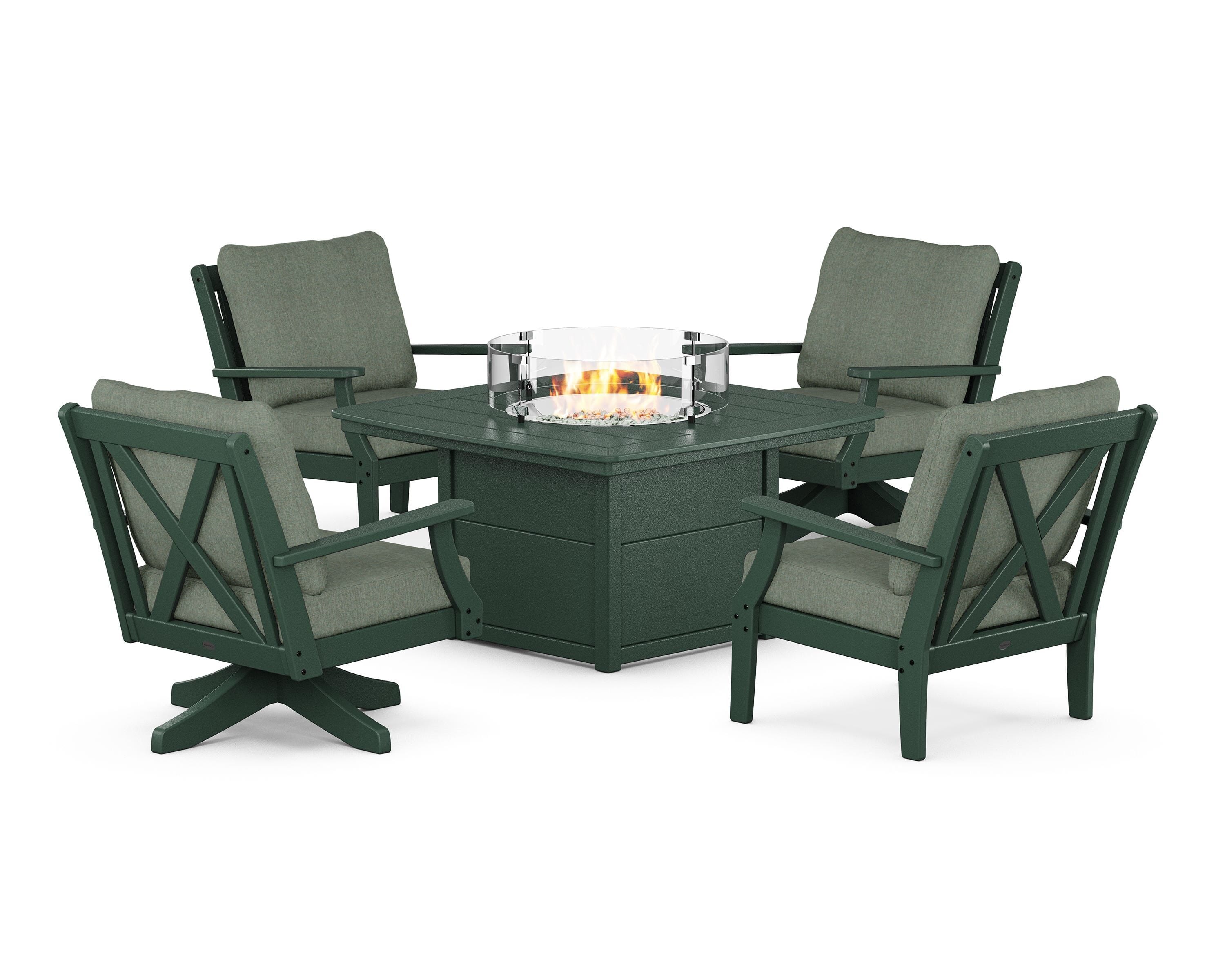 POLYWOOD® Braxton 5-Piece Deep Seating Set with Fire Table in Green / Cast Sage