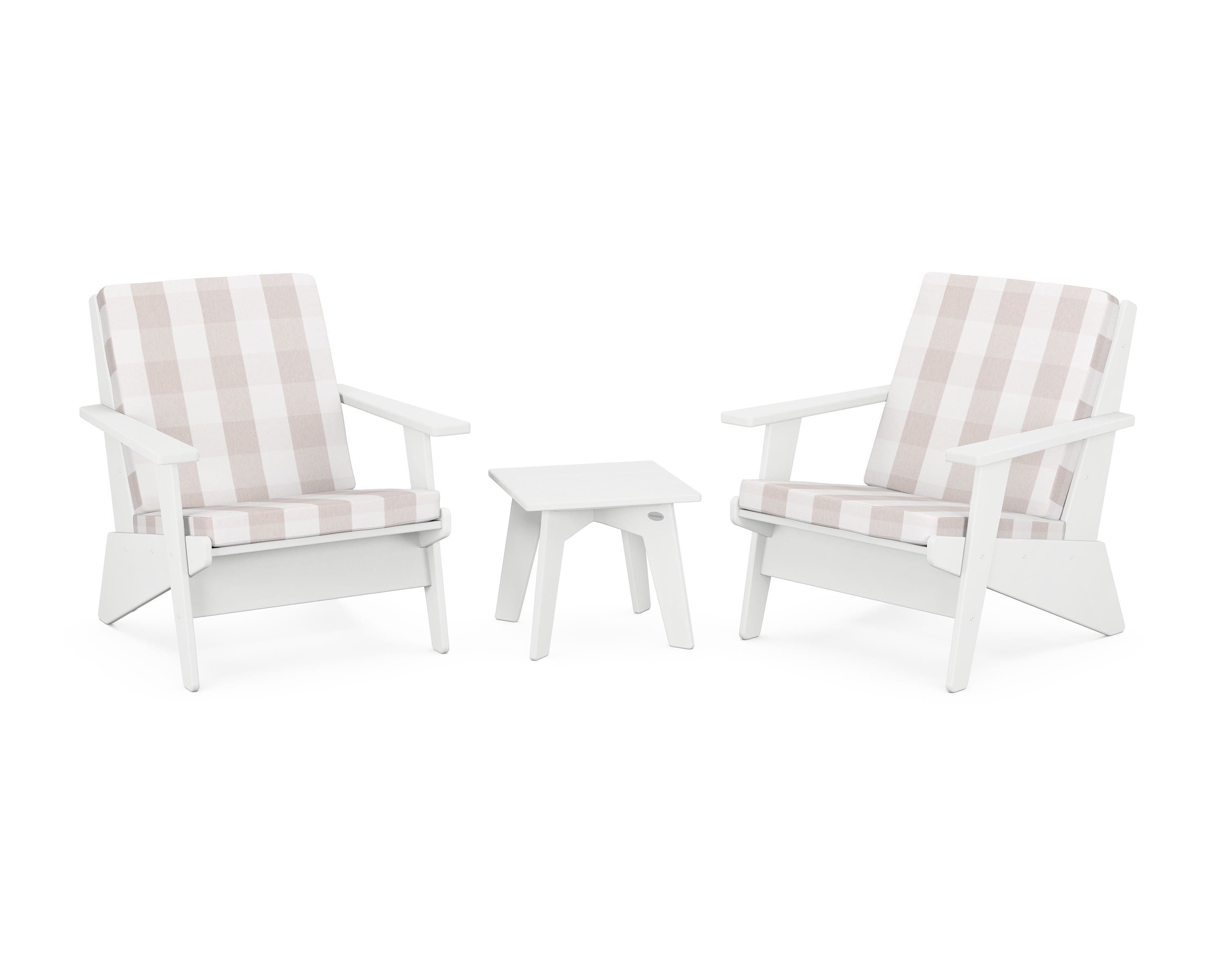 POLYWOOD® Riviera Modern Lounge 3-Piece Set in White / Buffalo Plaid Dune Burlap