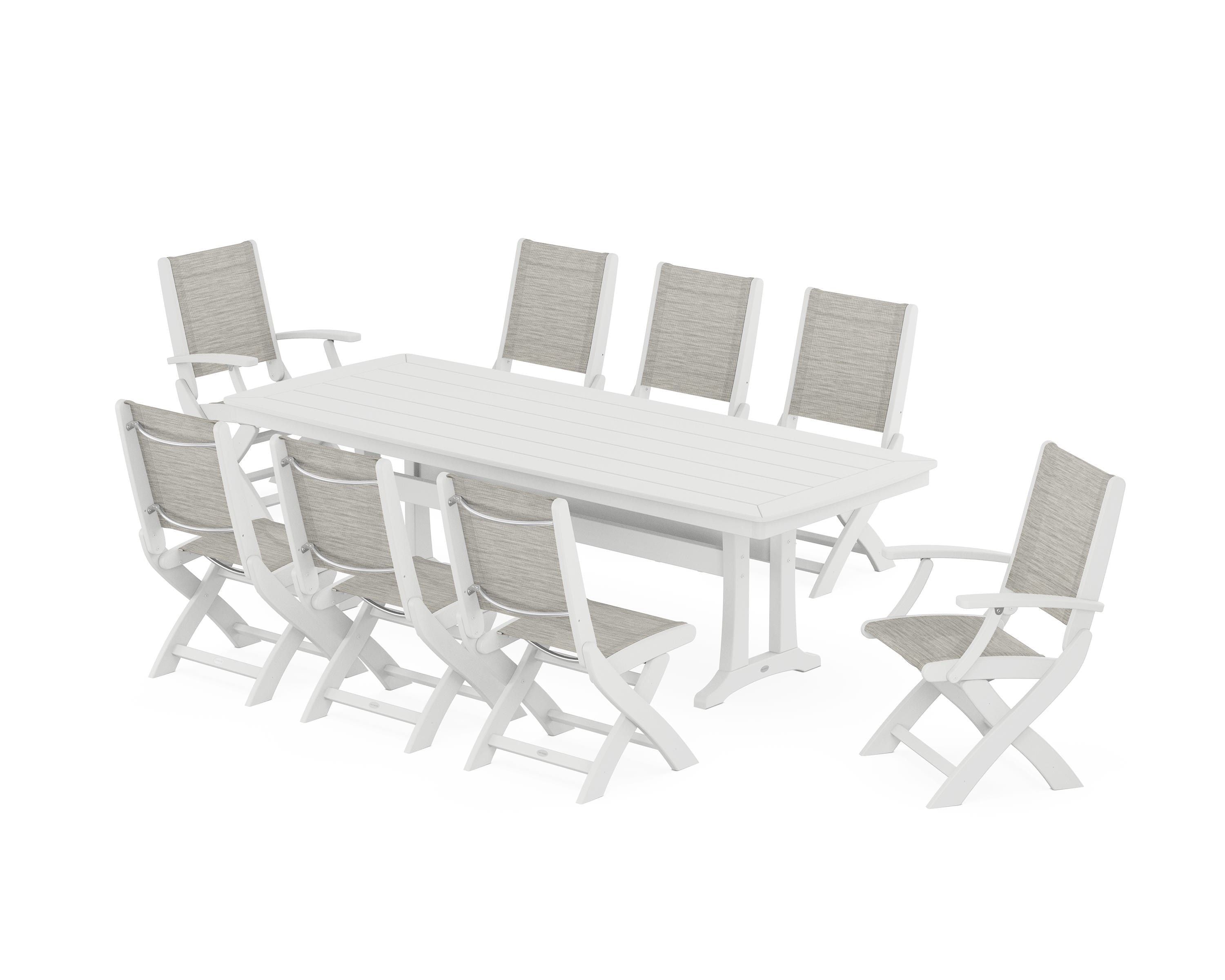 POLYWOOD® Coastal Folding 9-Piece Dining Set with Trestle Legs in White / Birch Sling