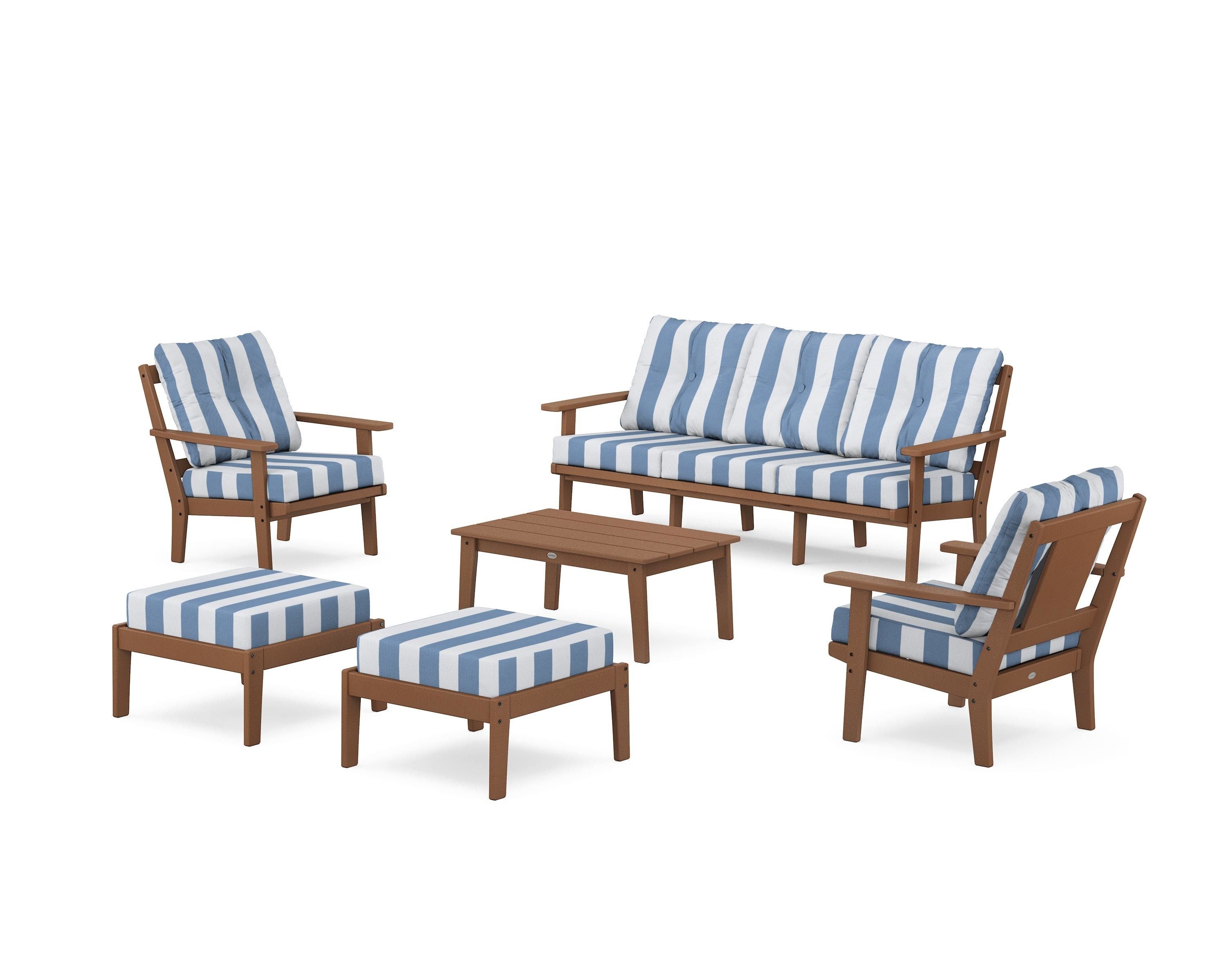 POLYWOOD® Prairie 6-Piece Lounge Sofa Set in Teak / Cabana Stripe Sky Blue