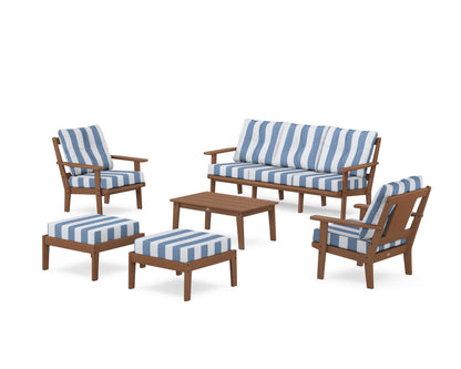 POLYWOOD® Prairie 6-Piece Lounge Sofa Set in Teak / Cabana Stripe Sky Blue