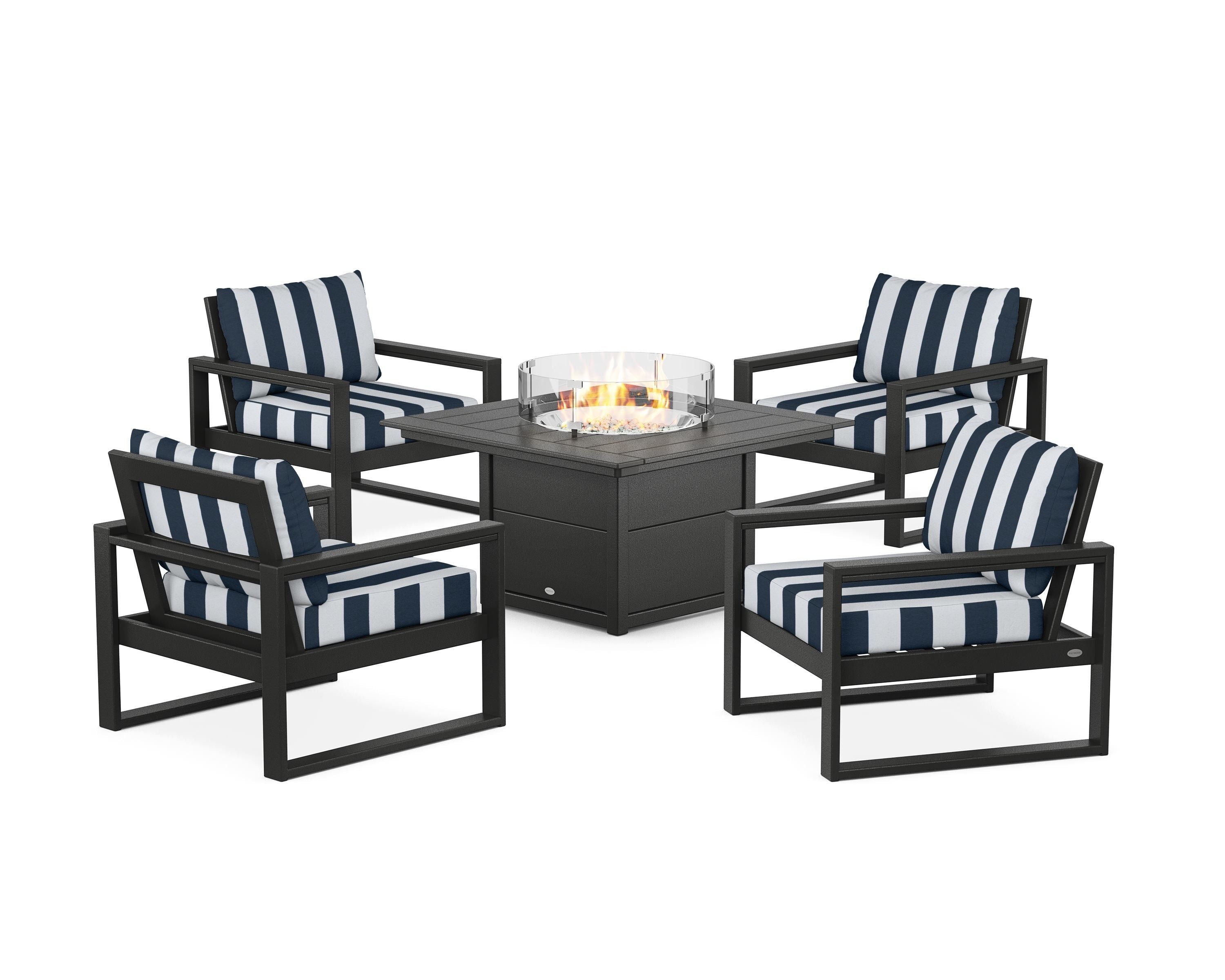 POLYWOOD® EDGE Sectional 5-Piece Deep Seating Set with Fire Pit Table in Black / Cabana Stripe Marine Indigo
