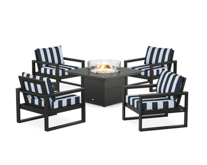POLYWOOD® EDGE Sectional 5-Piece Deep Seating Set with Fire Pit Table in Black / Cabana Stripe Marine Indigo