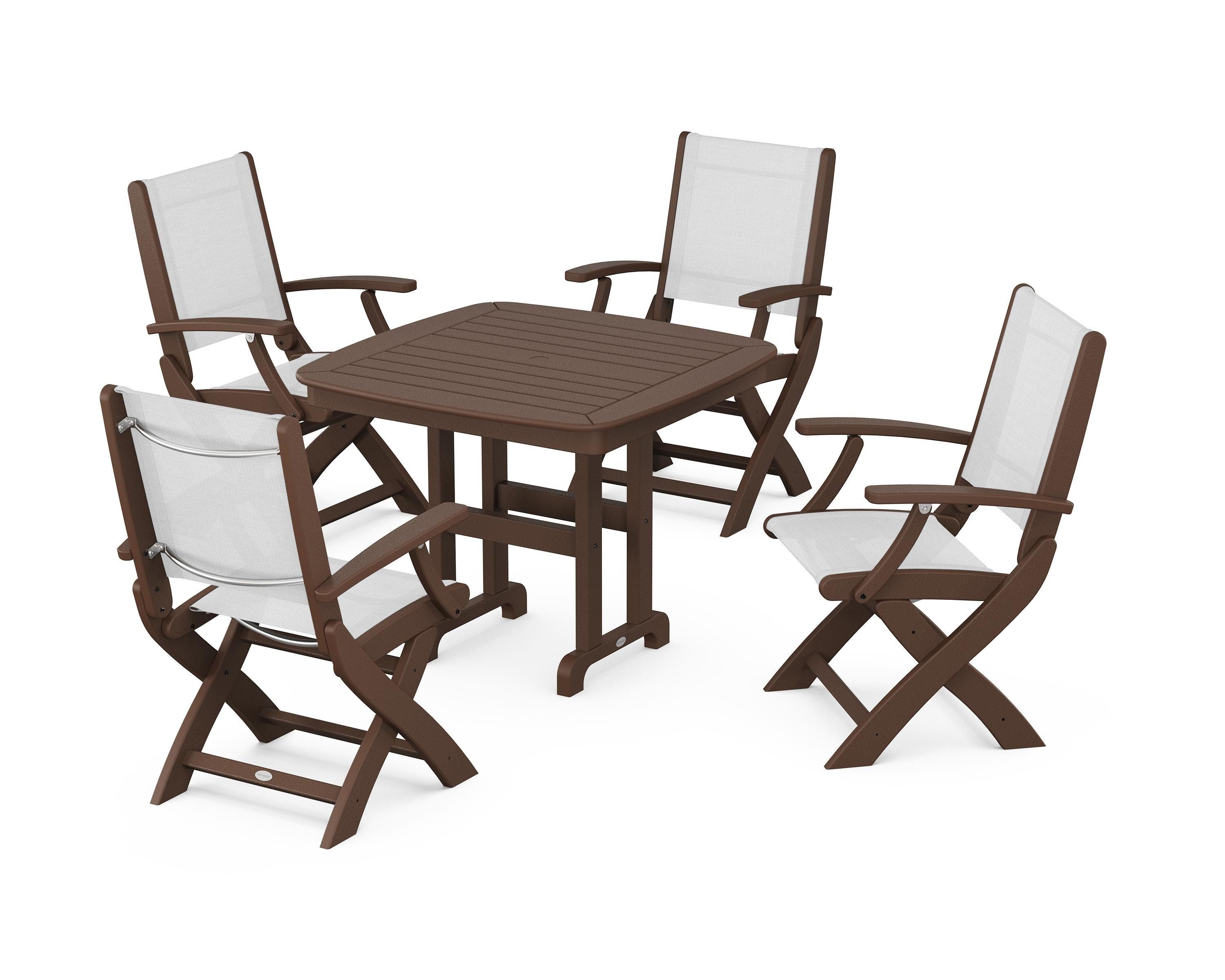 POLYWOOD® Coastal Folding Chair 5-Piece Dining Set in Mahogany / White Sling