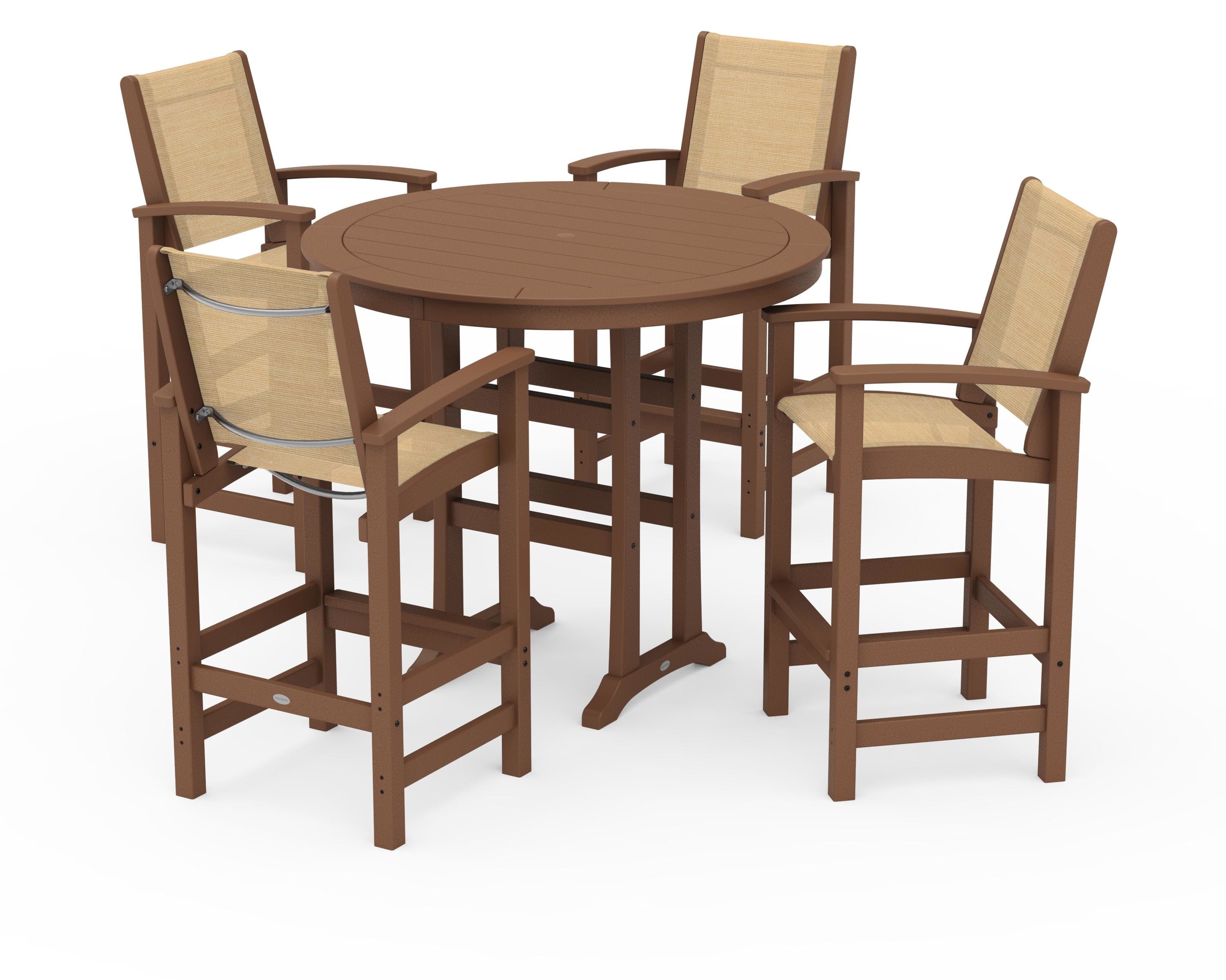 POLYWOOD® Coastal 5-Piece Nautical Trestle Bar Set in Teak / Dupioni Apricot Sling