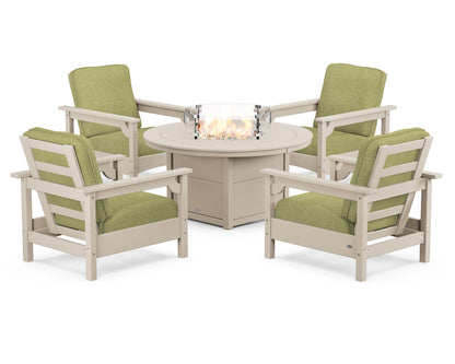 POLYWOOD® Club 5-Piece Conversation Set with Fire Pit Table in Sand / Chartreuse Boucle