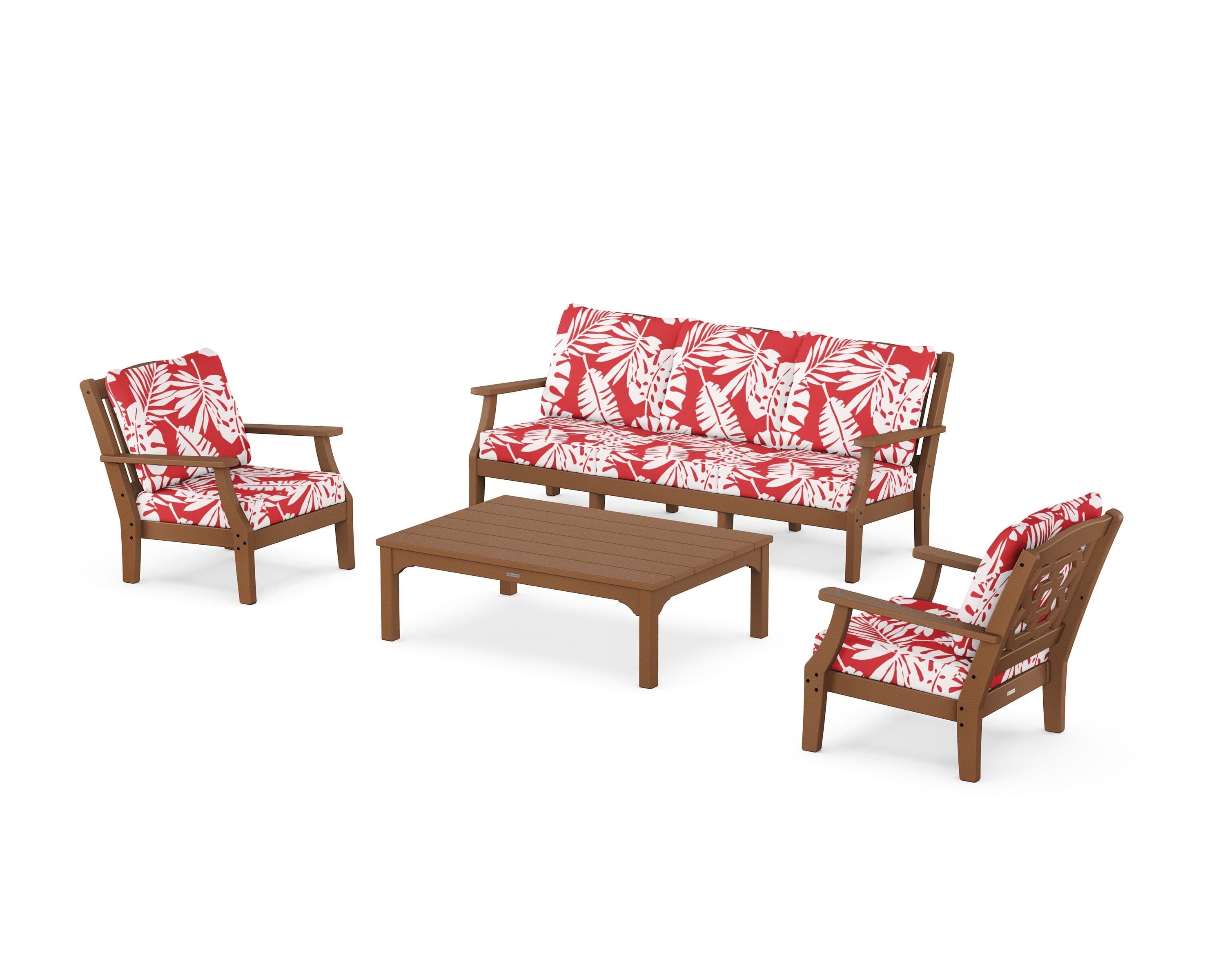 Martha Stewart by POLYWOOD® Chinoiserie 4-Piece Deep Seating Set with Sofa in Teak / Leaf Crimson