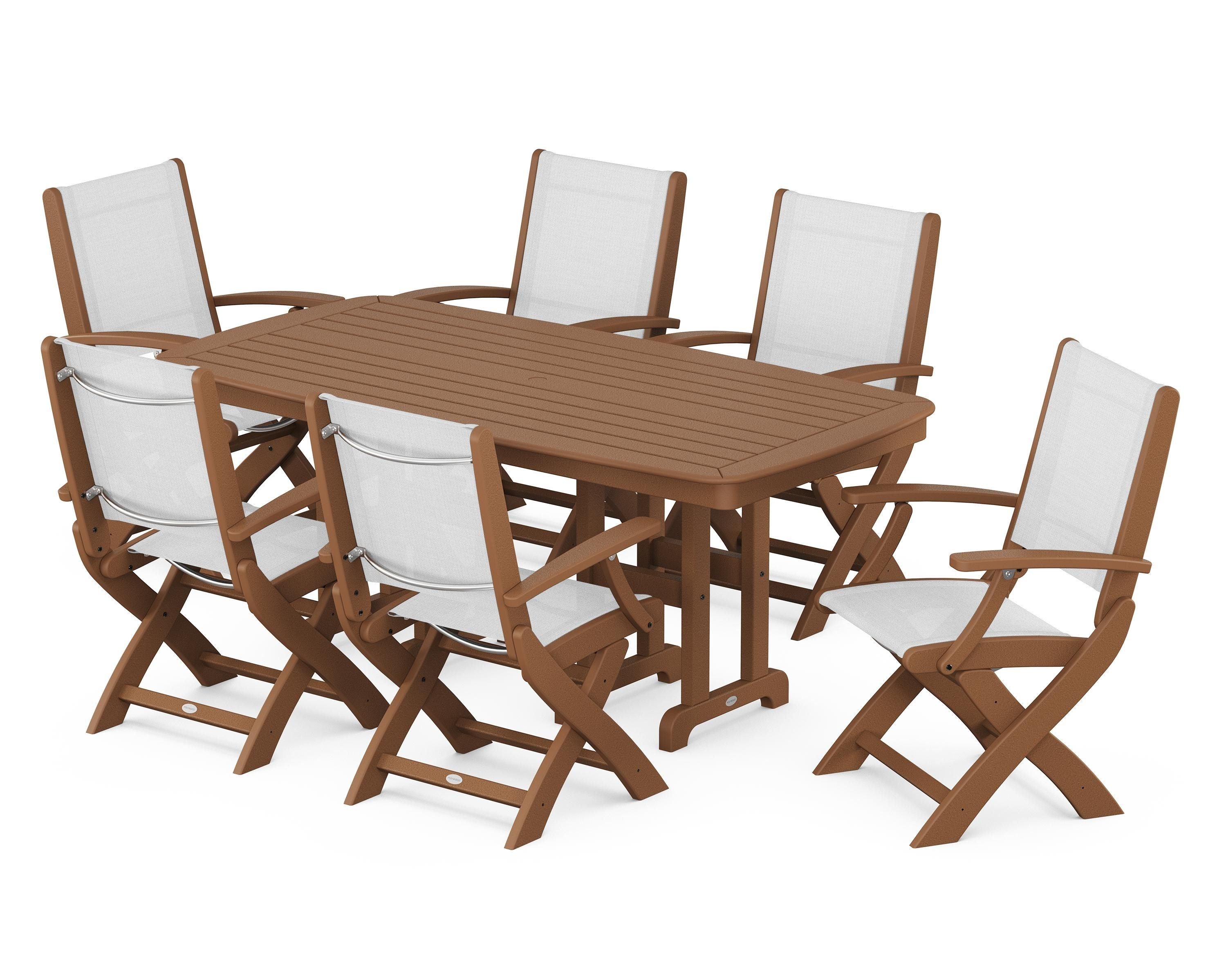 POLYWOOD® Coastal Folding Arm Chair 7-Piece Dining Set in Teak / White Sling