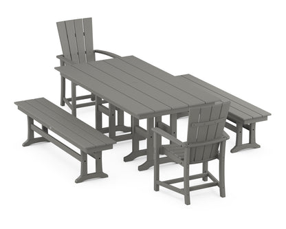 POLYWOOD® Quattro 5-Piece Farmhouse Dining Set with Benches in Slate Grey