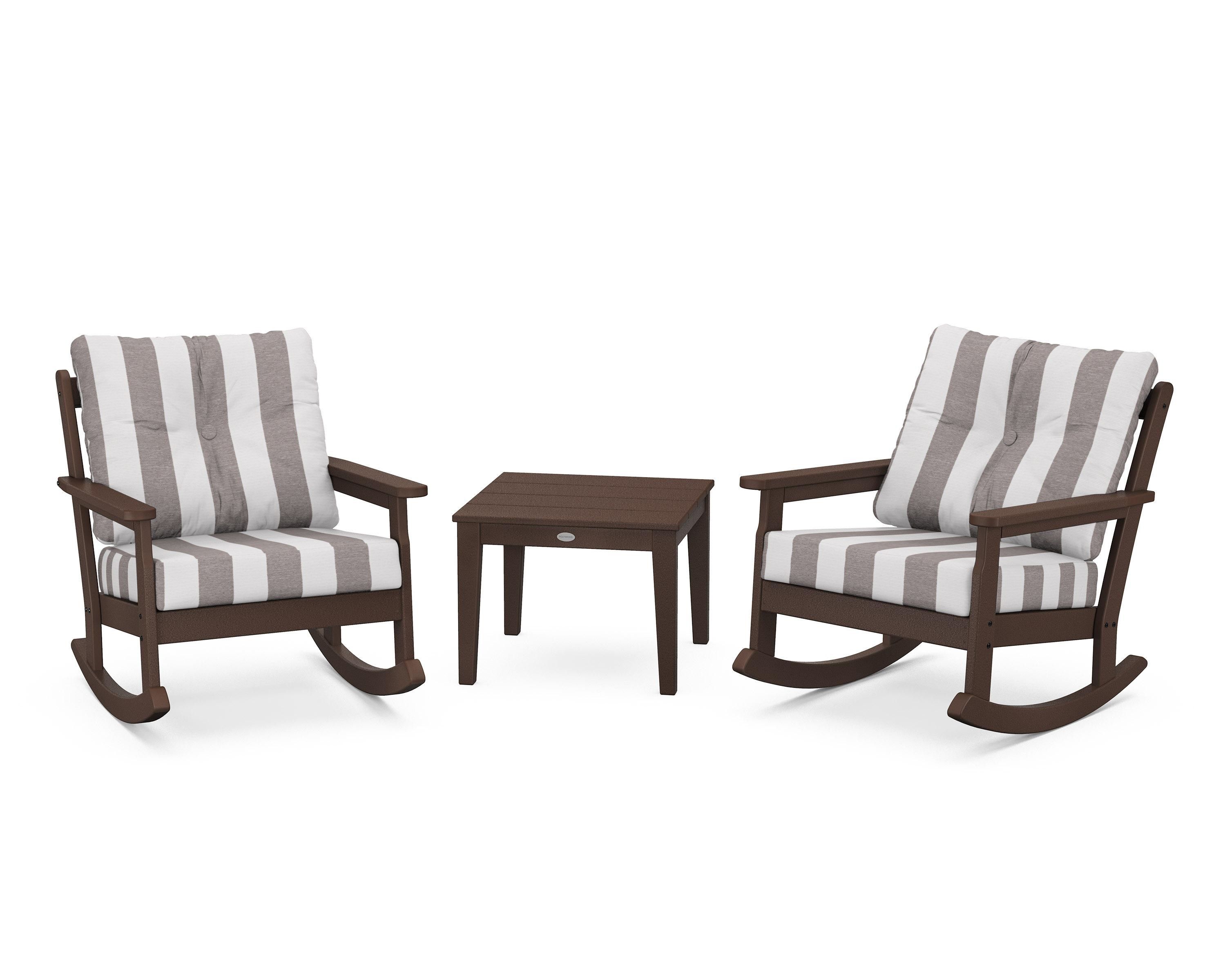 POLYWOOD® Vineyard 3-Piece Deep Seating Rocker Set in Mahogany / Cabana Stripe Grey Mist