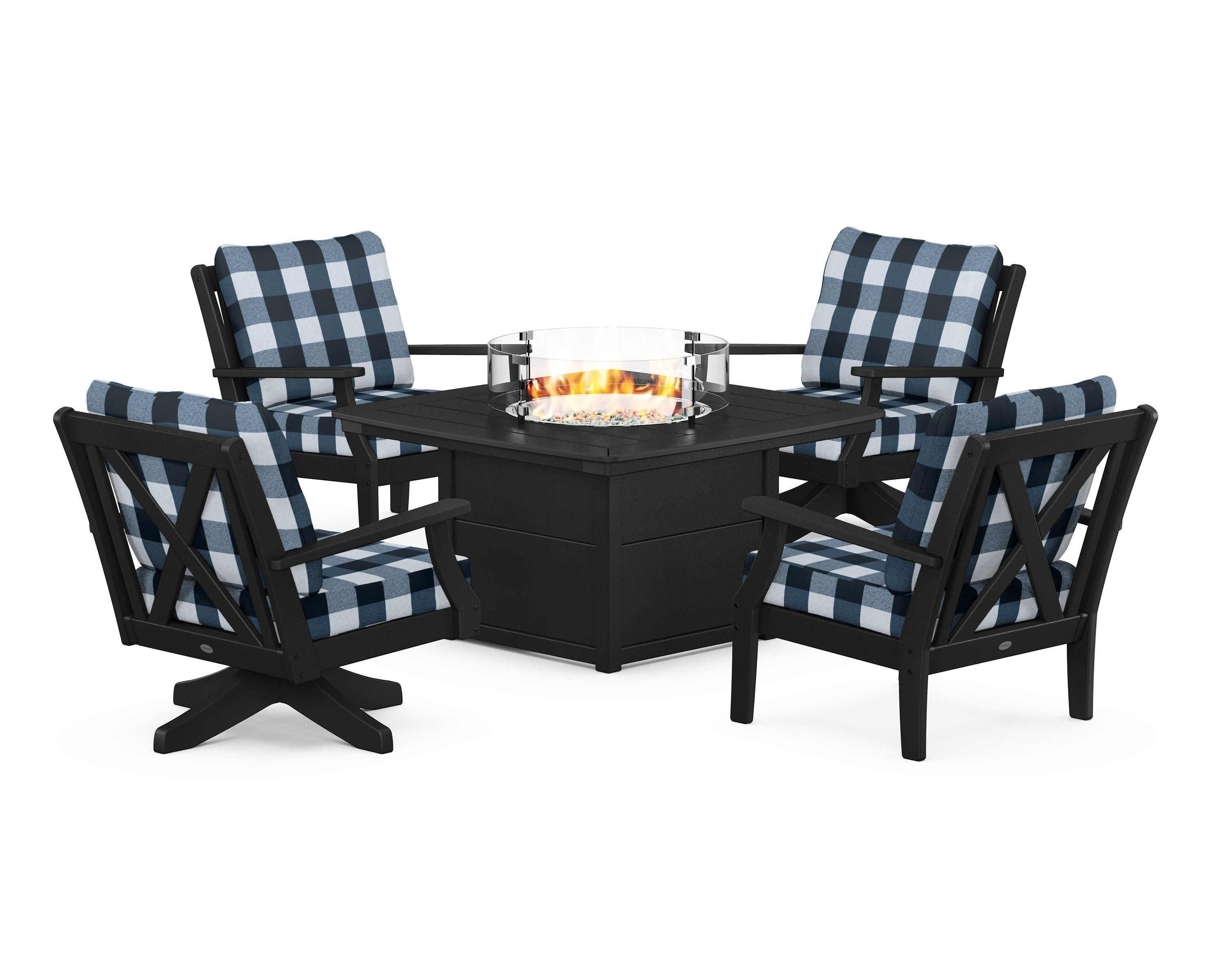 POLYWOOD® Braxton 5-Piece Deep Seating Set with Fire Table in Black / Buffalo Plaid Marine Indigo
