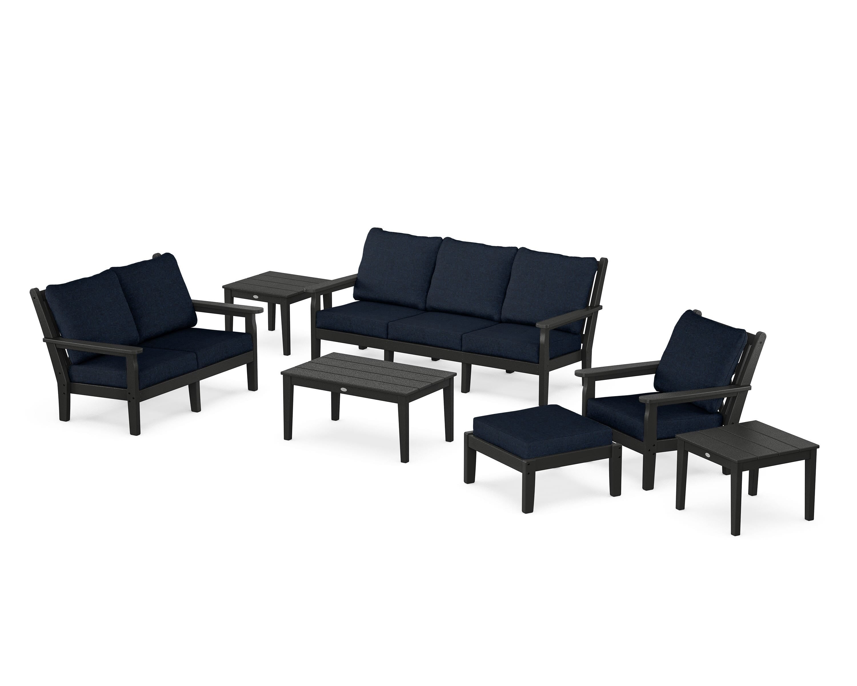 POLYWOOD® Chippendale 7-Piece Deep Seating Set in Black / Marine Indigo