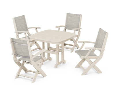 POLYWOOD® Coastal Folding Chair 5-Piece Dining Set in Sand / Birch Sling