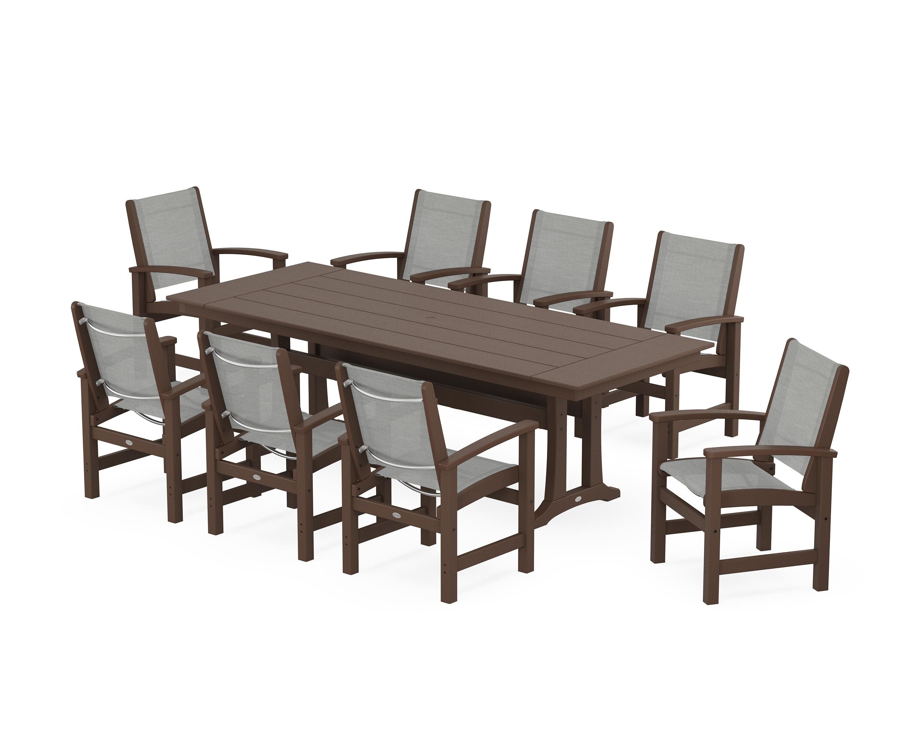 POLYWOOD® Coastal 9-Piece Farmhouse Dining Set with Trestle Legs in Mahogany / Metallic Sling