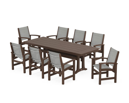 POLYWOOD® Coastal 9-Piece Farmhouse Dining Set with Trestle Legs in Mahogany / Metallic Sling