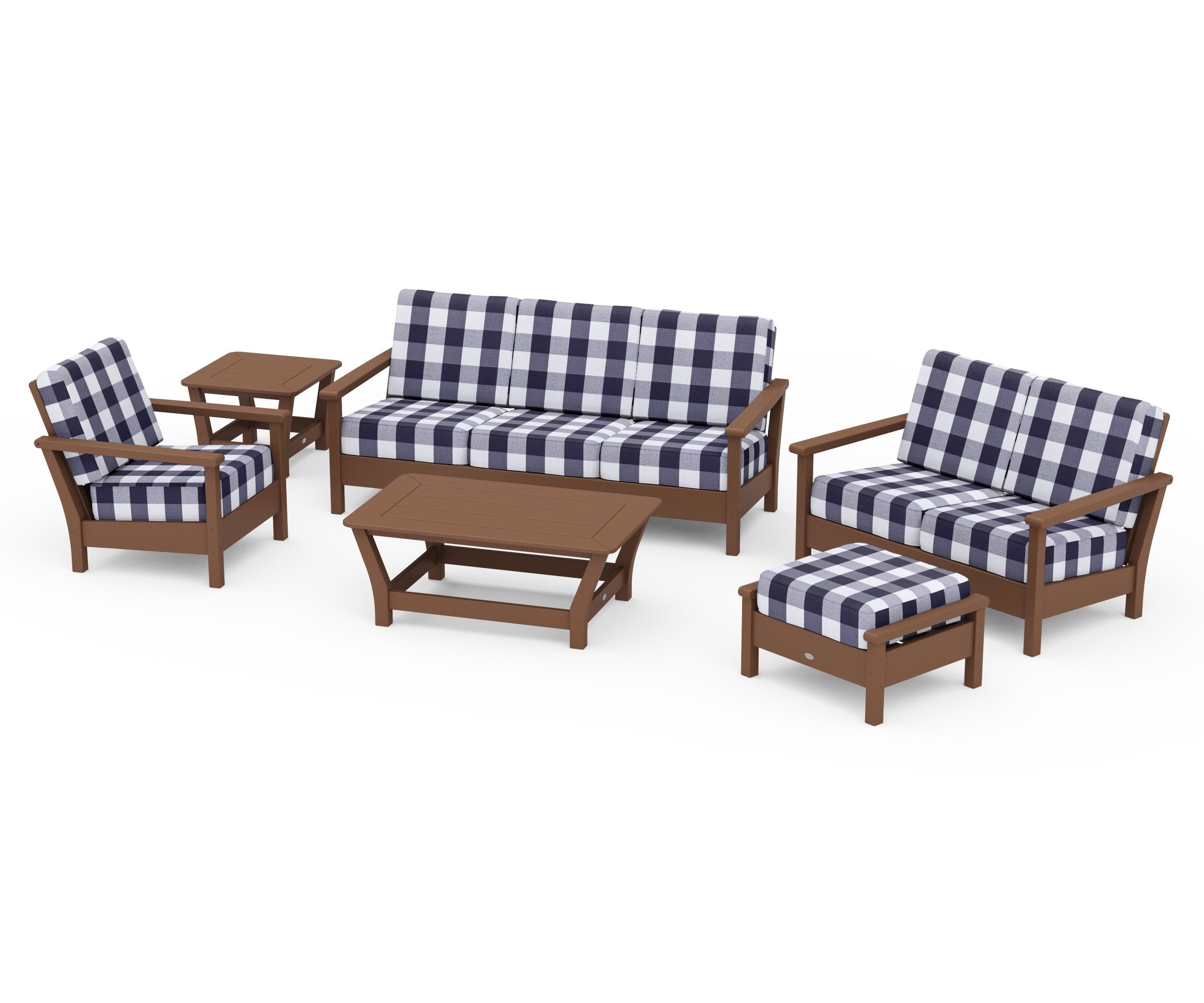 POLYWOOD® Harbour 6-Piece Outdoor Living Set in Teak / Buffalo Plaid Navy